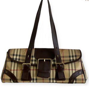 Burberry Vintage Haymarket Check Coated Canvas Leather Baguette Shoulder Bag